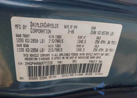 2006 Chrysler Town & Country Lx from USA, damaged, VIN 2A4GP44R86R771535